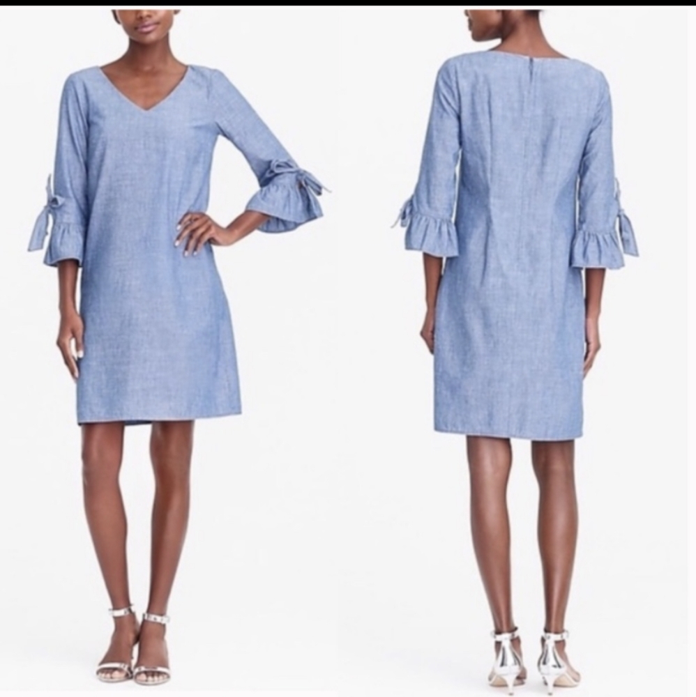 J. Crew Chambray Ruffle Tie-Sleeve V-neck short Dress 100% Cotton Size 4